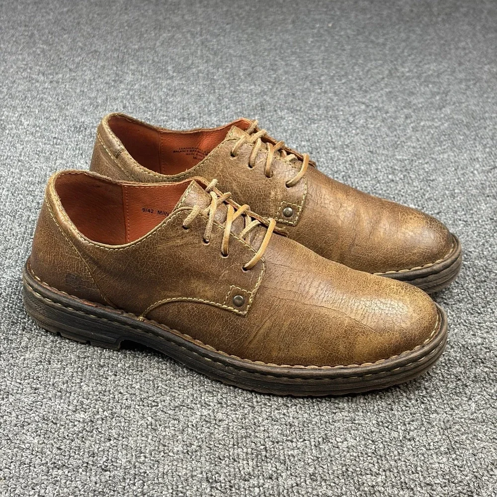Men Shoes Size 9M EU 42 Dark Brown Distressed Leather Oxford Plain Toe Lace Up